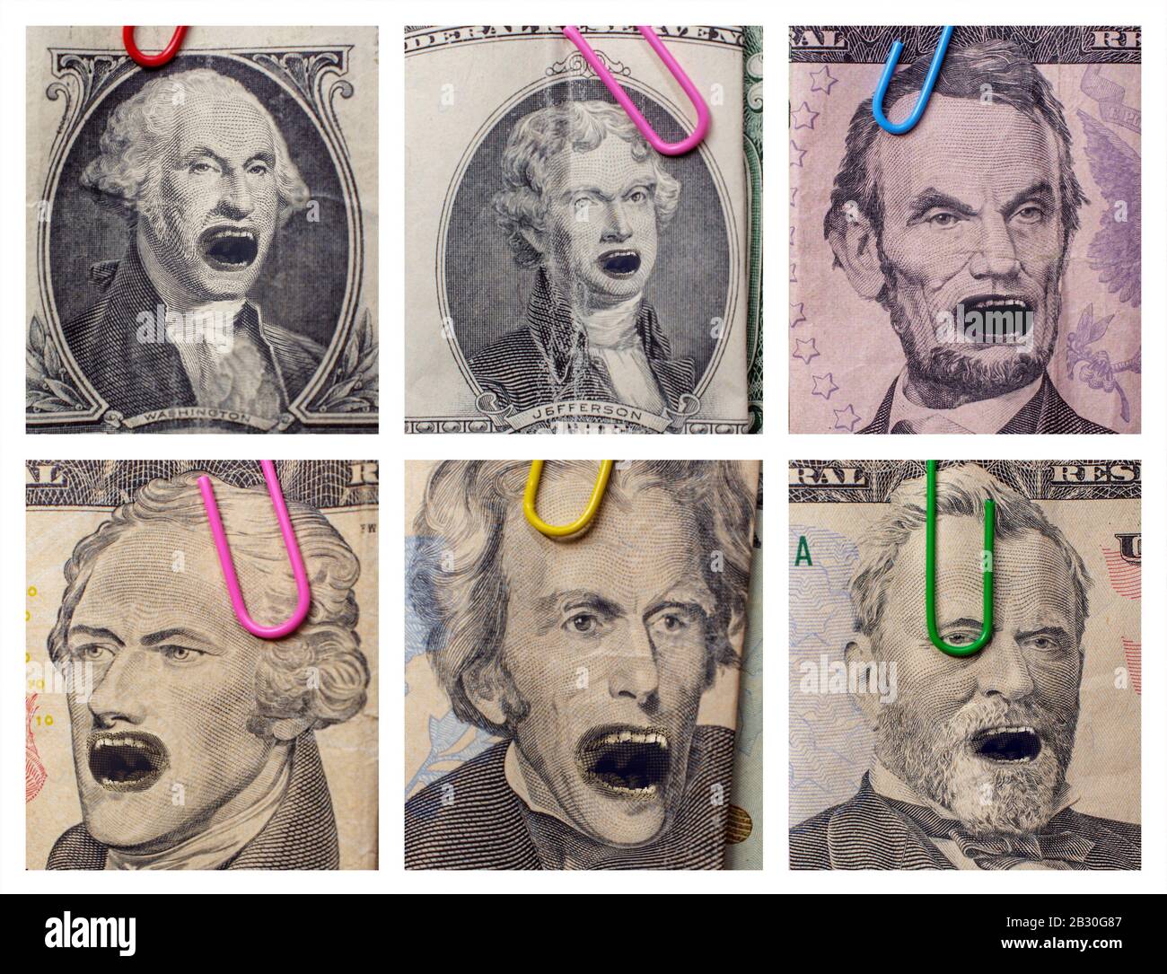 I padri fondatori arrabbiati urlano nelle immagini sul denaro americano Foto Stock