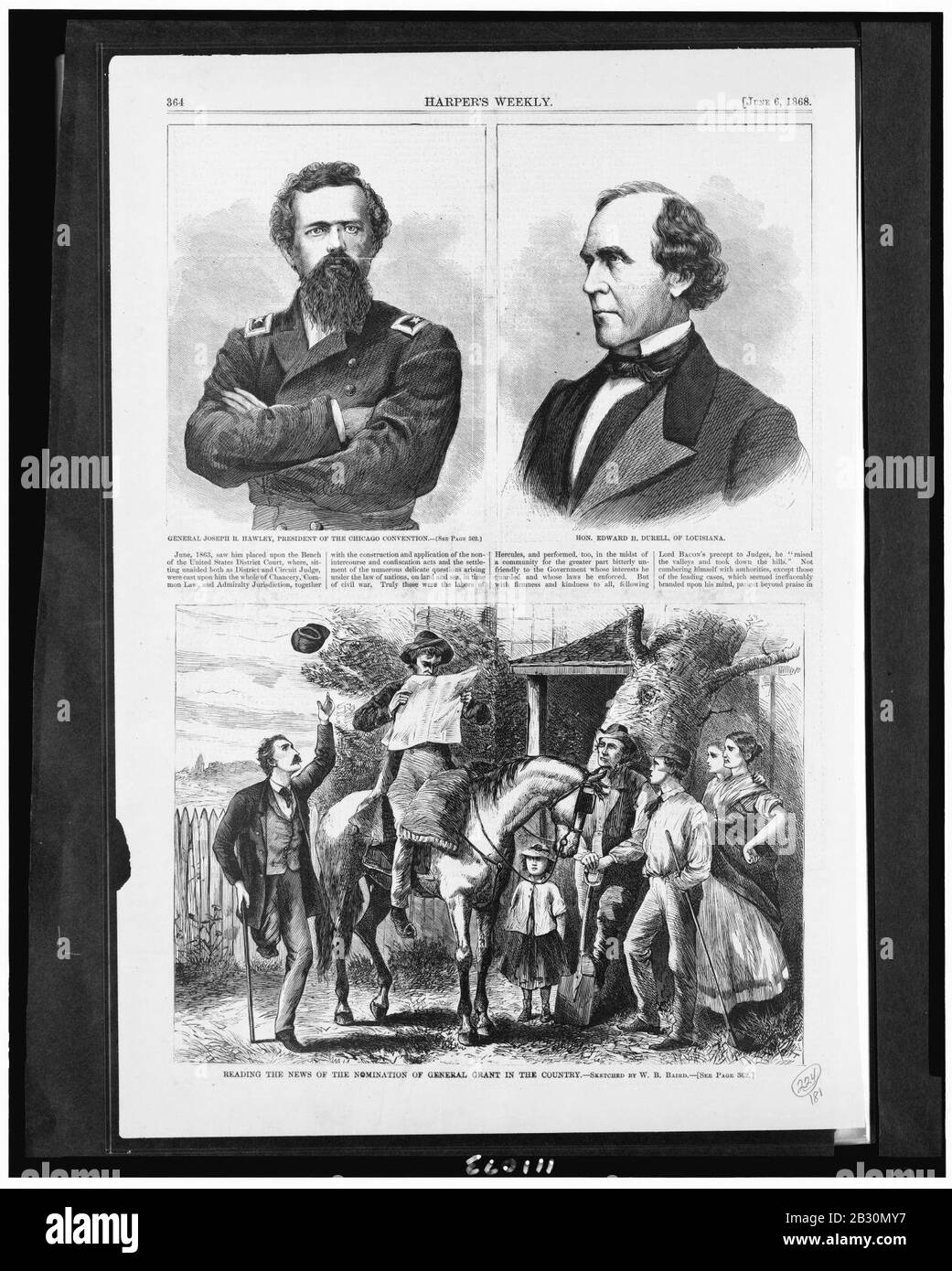 Il generale Joseph R. Hawley, presidente della convenzione di Chicago, on. Edward H. Durell, della Louisiana. Leggendo la notizia della nomina di General Grant nel paese - - abbozzato da W.B. Foto Stock