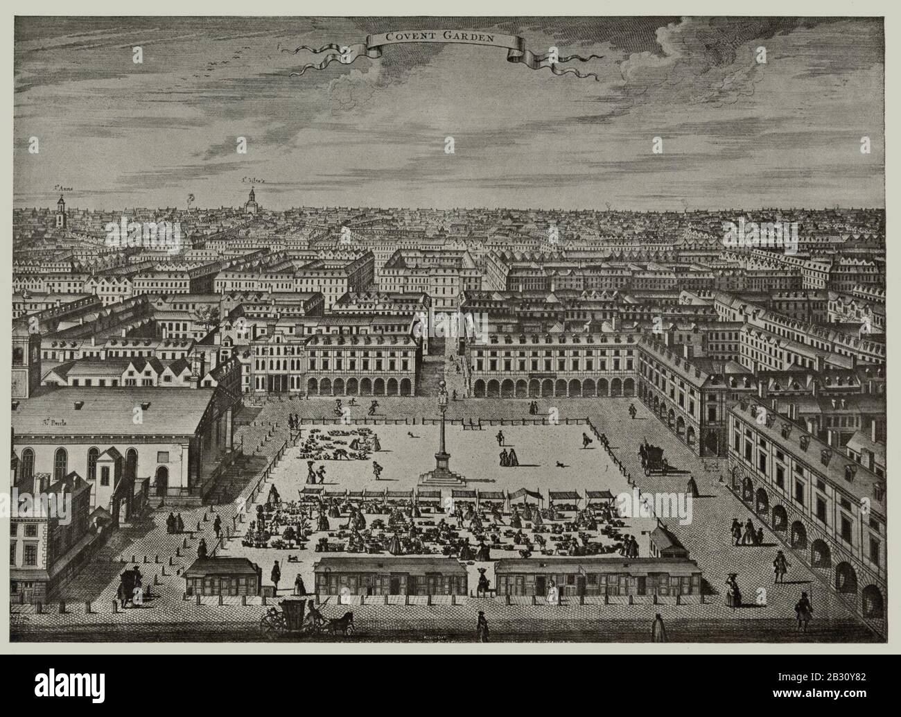 Vista generale di Covent Garden guardando a Nord, circa 1720, da una incisione di Sutton Nicholls Foto Stock