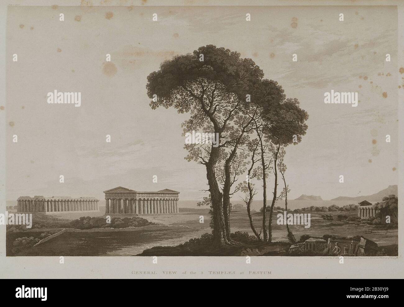 Veduta generale dei 3 Templi di Paestum - Wilkins William - 1807. Foto Stock