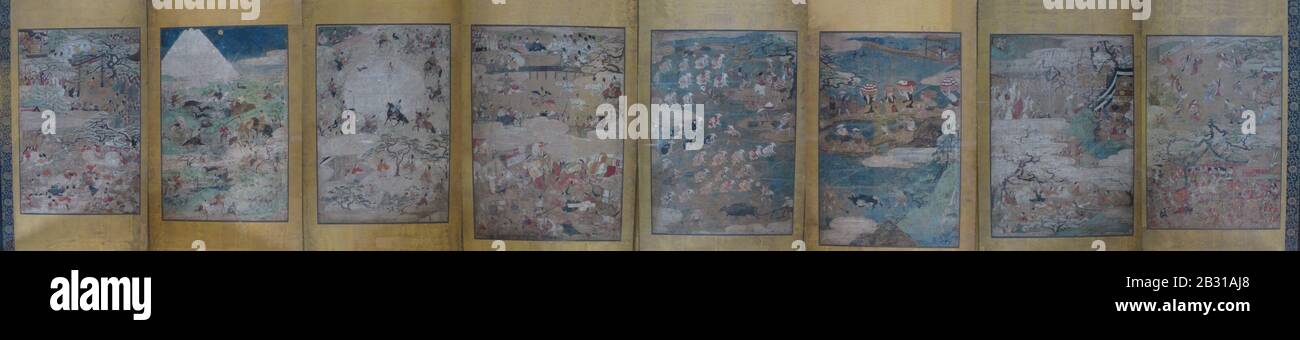 Scene di genere dei dodici Mesi, Muromachi pieghevole schermo, Foto Stock
