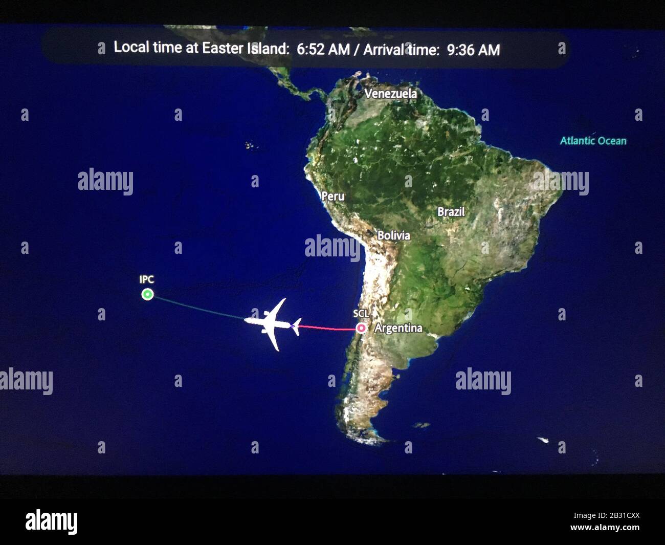 Oceano Pacifico, Isola di Pasqua / Cile - 25 dic 2019: Mappa del volo per Rapa Nui, Isola di Pasqua, Cile Foto Stock