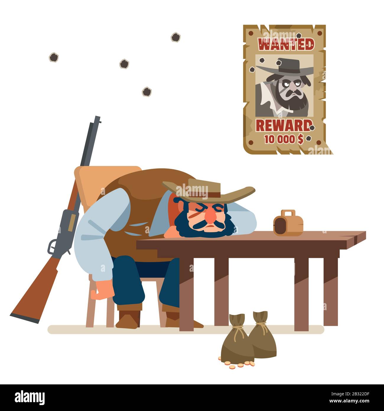 Il bandito voluto ha sconfitto tutti e si è addormentato ubriaco in un bar cowboy. Selvaggio ovest. Illustrazione del vettore cartoon. Stile piatto. Isolato su bianco Illustrazione Vettoriale