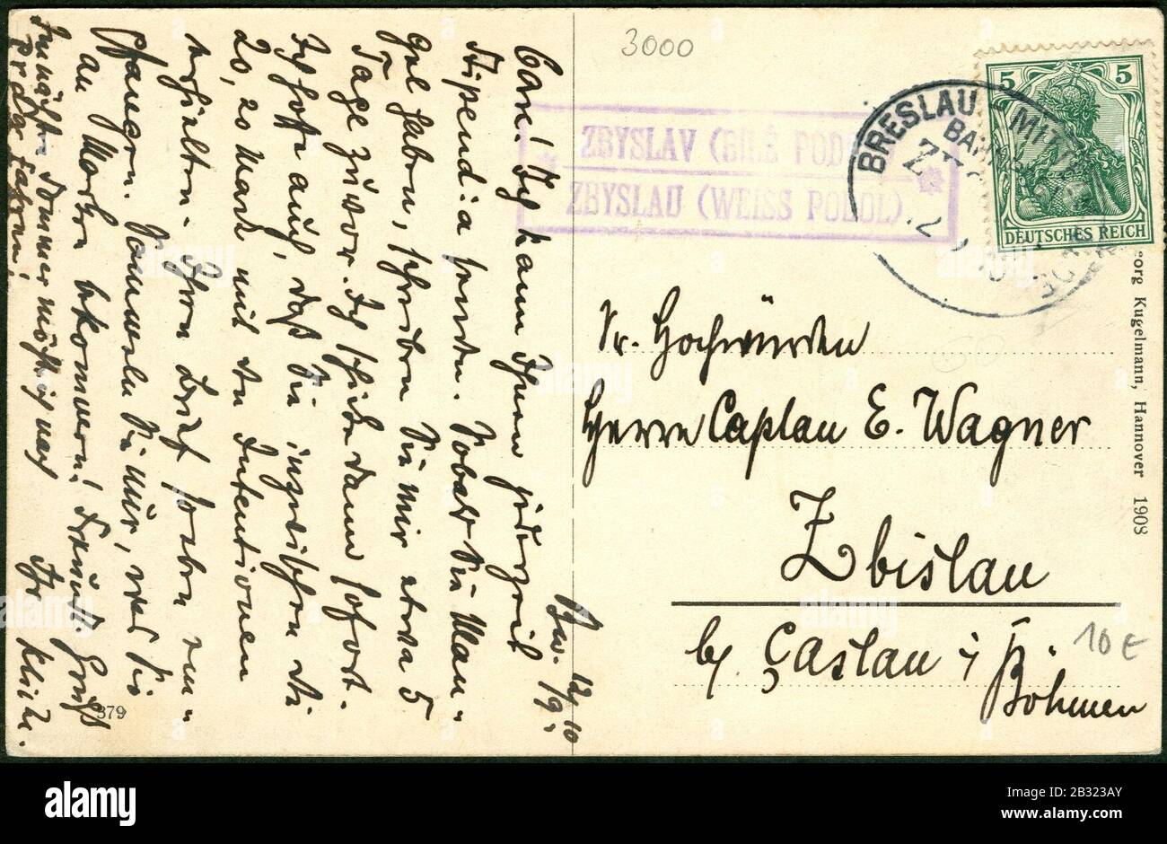 Georg Kugelmann Pc 0379 1908 Hannover Schillerstraße Adressseite Zbislau Zbislav. Foto Stock