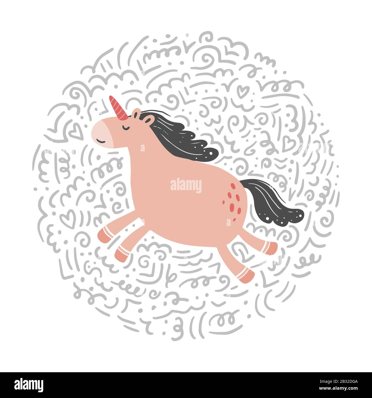 Unicorno di semplice stile di cartone animato alla moda con elementi. Unicorno di colore rosa per bambini e tessuti magici, borsa, t-shirt design. Illustrazione del vettore isolato. Illustrazione Vettoriale