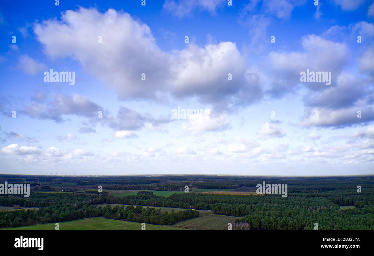 Paesaggio culturale della Germania settentrionale con foreste, campi e prati sotto un cielo blu e bianco con nuvole Foto Stock