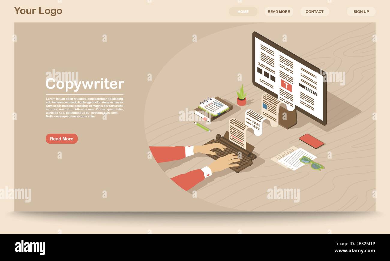 Modello vettore pagina di destinazione copywriter. L'interfaccia di Web site del produttore di contenuti con le illustrazioni piatte. Giornalista freelance, layout della home page editor Illustrazione Vettoriale