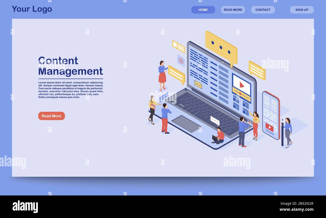 Modello vettore della landing page di gestione del contenuto. Digital inbound marketing sito web interfaccia idea con flat illustrazione. SMM, media advertising Illustrazione Vettoriale