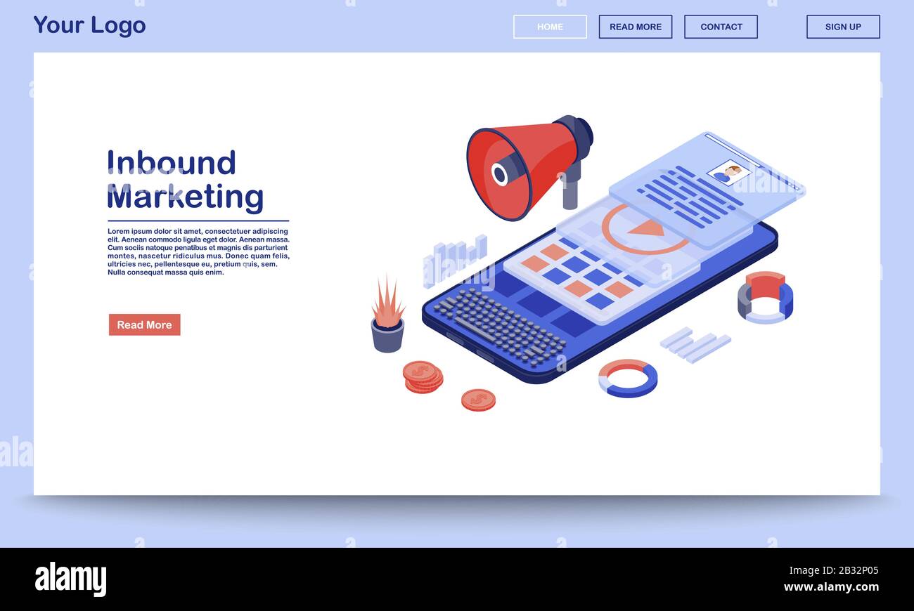 Modello della landing page per il marketing in entrata. Media pubblicità sito web interfaccia con illustrazioni piatte. SMM, layout della home page dei contenuti di marketing per dispositivi mobili Illustrazione Vettoriale