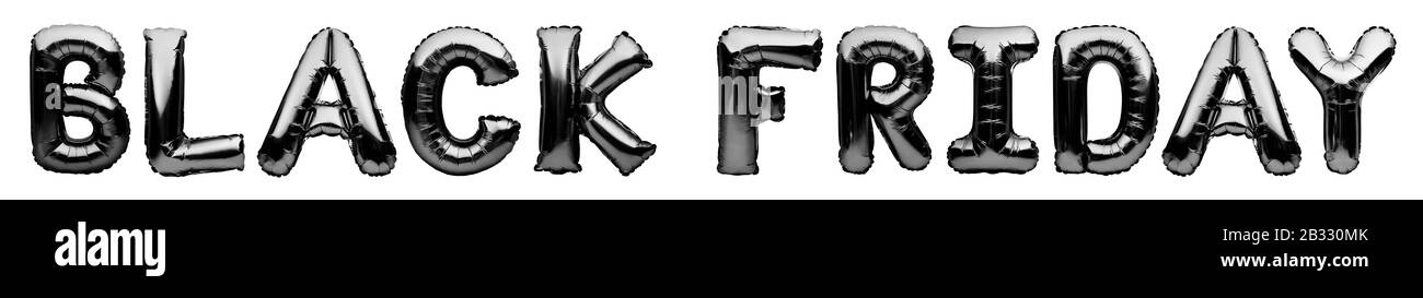 Palloncini di elio nero che formano le parole BLACK FRIDAY isolato su sfondo bianco. Cromo nero gonfiabili palloncini, vendita, sconto, nero venerdì Foto Stock