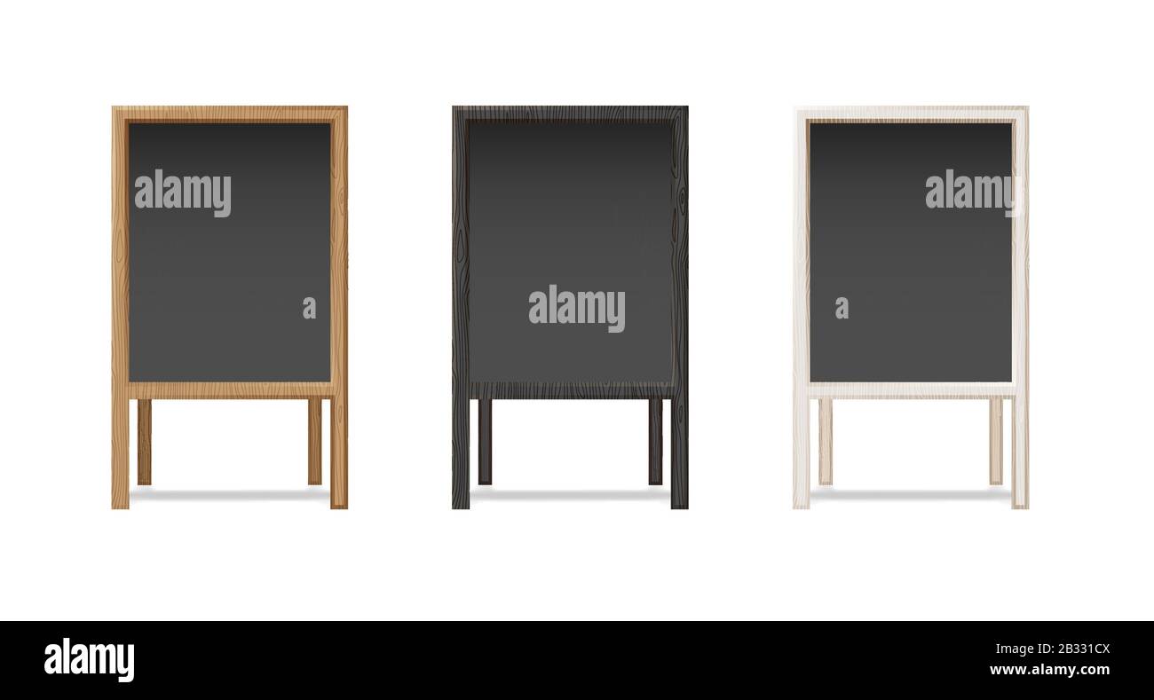 Set di template vuoti per il mockup di Chalkboard. Street pubblicità all'aperto menu blackboard. Supporto in legno bianco e nero. Menu vettore realistico Illustrazione Vettoriale