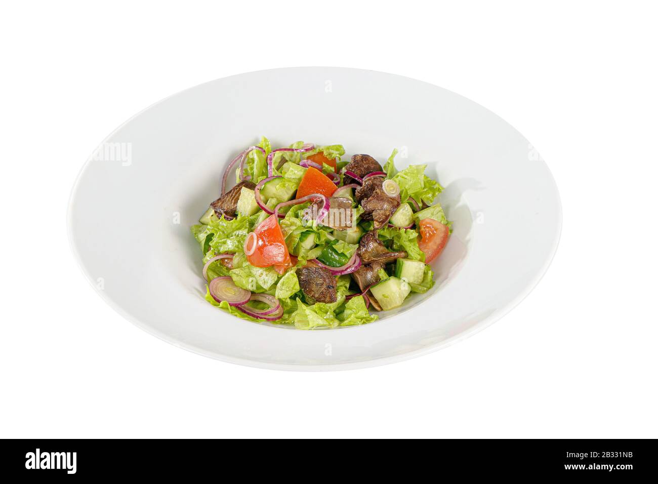 Caesar Salad con fegato di pollo, carne, manzo, pomodoro, cipolla, cetriolo, lattuga su piatto, vista Laterale bianca isolata sullo sfondo. Per il menu, ristorante, Foto Stock