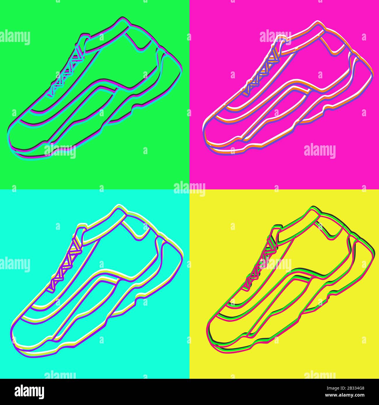 Set Di sneakers icona vettoriale. Scarpe Neon Linear luminose su sfondo rosa verde blu e giallo.semplice illustrazione di fitness e sport, scarpe da ginnastica. Illustrazione Vettoriale