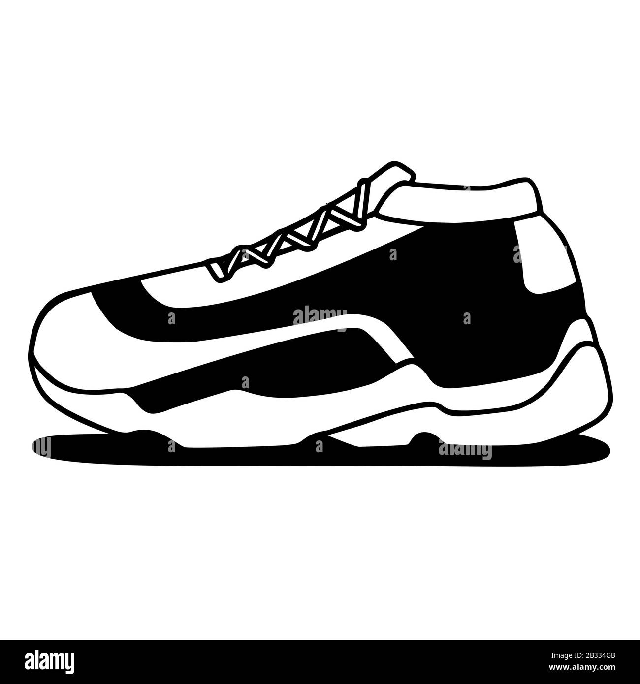 Icona vettore sneakers. Doodle bianco e nero su sfondo bianco.semplice illustrazione di fitness e sport, scarpa da palestra. Grafica del negozio di segni Illustrazione Vettoriale