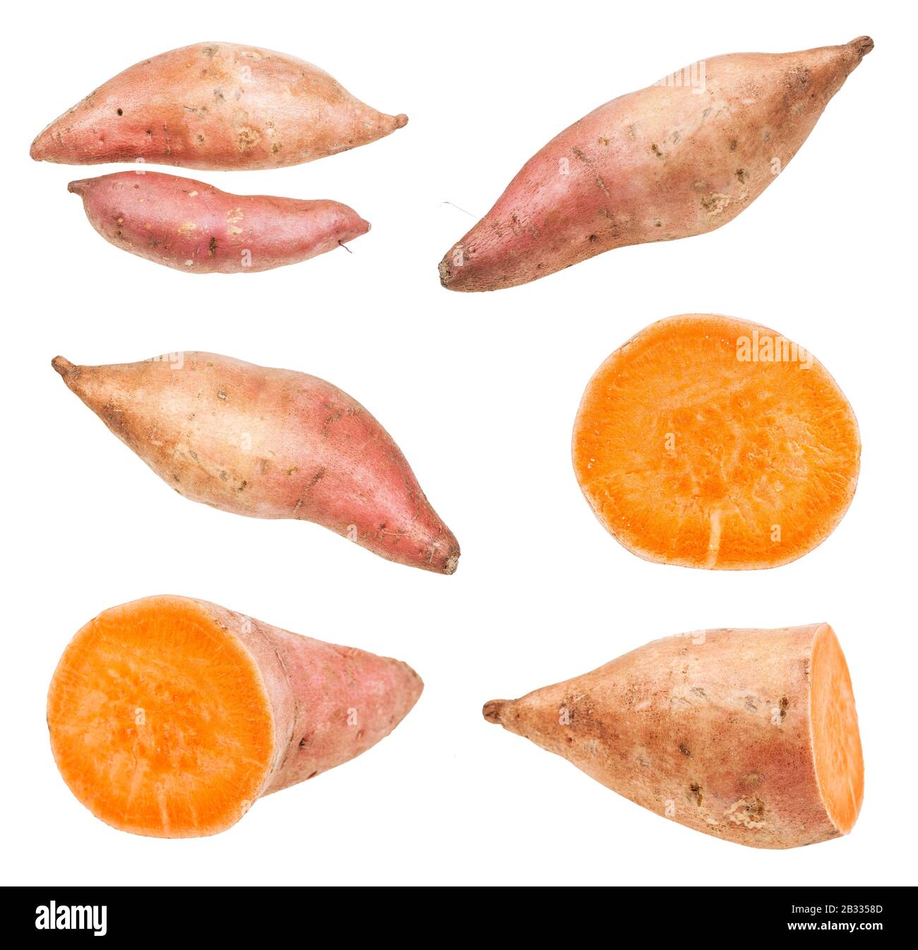 set di tuberi di patata dolce (ipomoea batatas, batata) isolati su fondo bianco Foto Stock