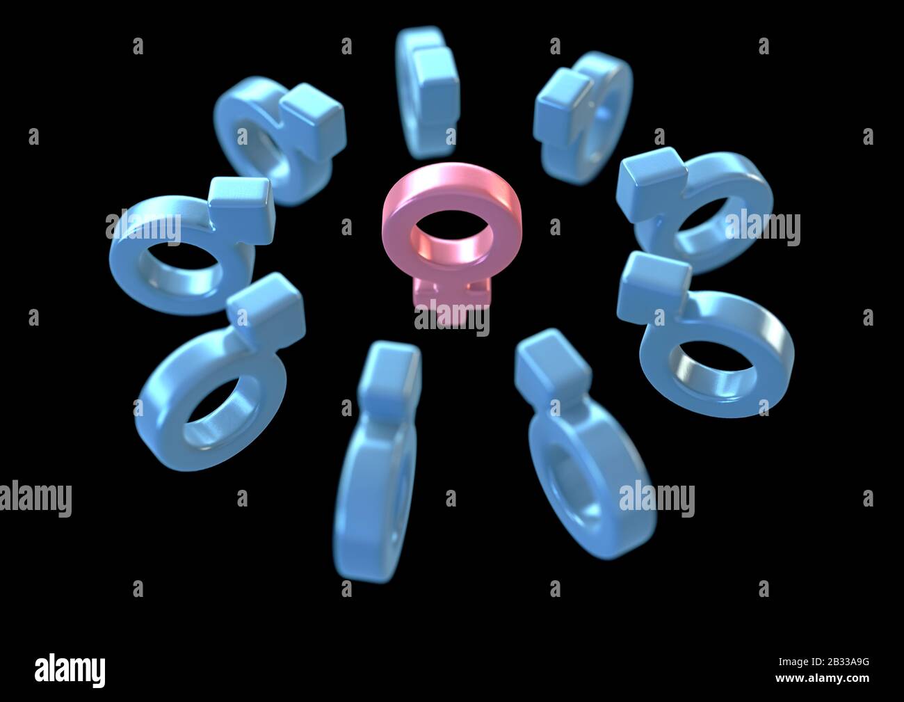Un simbolo femminile rosa circondato da simboli maschili e attraggono tutti i punti verso di esso su uno sfondo scuro studio - rendering 3D Foto Stock