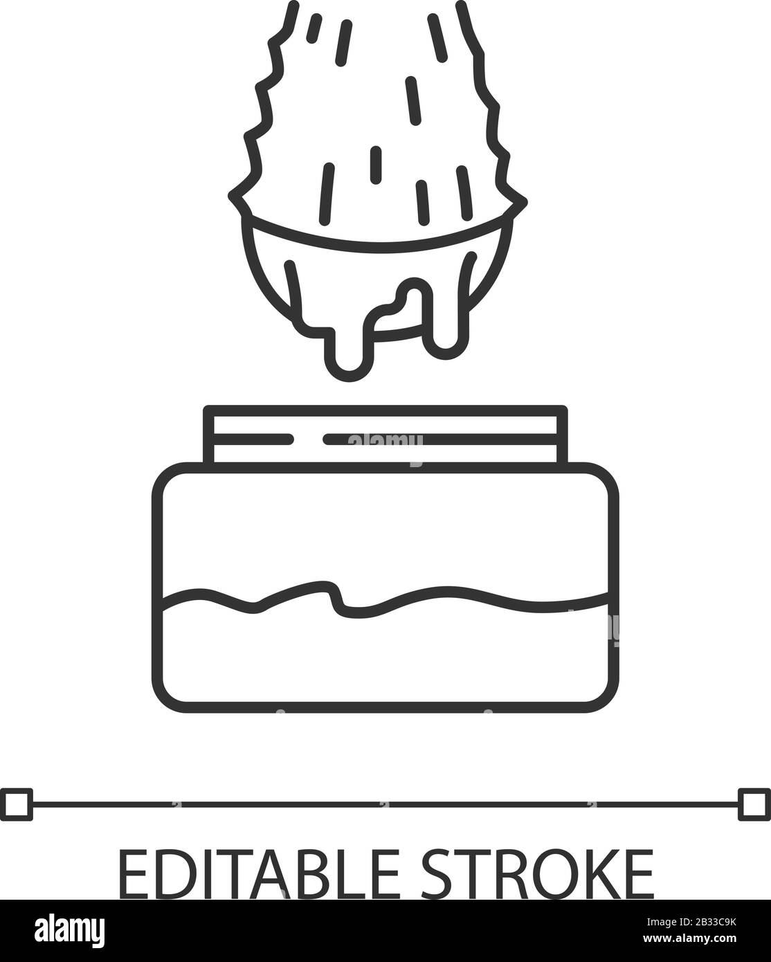 Icona lineare perfetta per l'estrazione dei pixel di Aloe vera. Succo di erbe medicinali in vaso. Cosmetici organici. Illustrazione personalizzabile a linee sottili. Simbolo del contorno Illustrazione Vettoriale