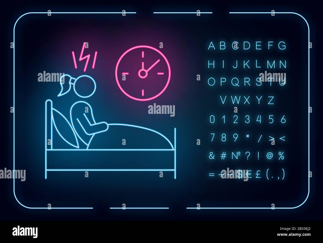 Modifica dell'icona della luce al neon dello schema di sospensione. Insonnia. Donna travagliata. Stress e ansia. Persona sveglio. Privazione del sonno. Segno incandescente con alfabeto Illustrazione Vettoriale