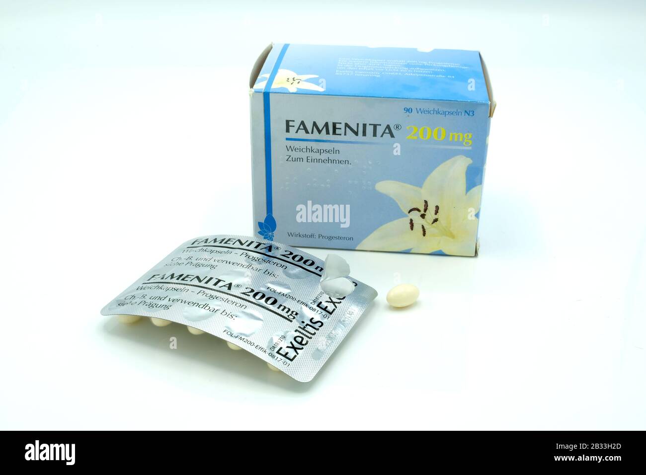 FAMENITA 200mg progesterone scatola e compresse Foto Stock