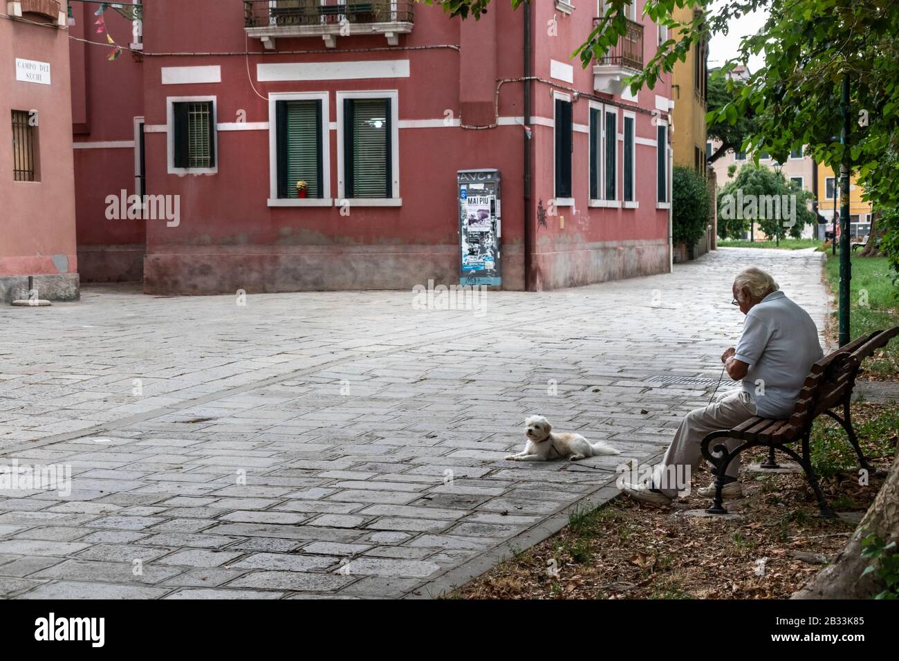 momento tranquillo. L'anziano e il suo cane seduti su una panchina, Venezia, italia Foto Stock