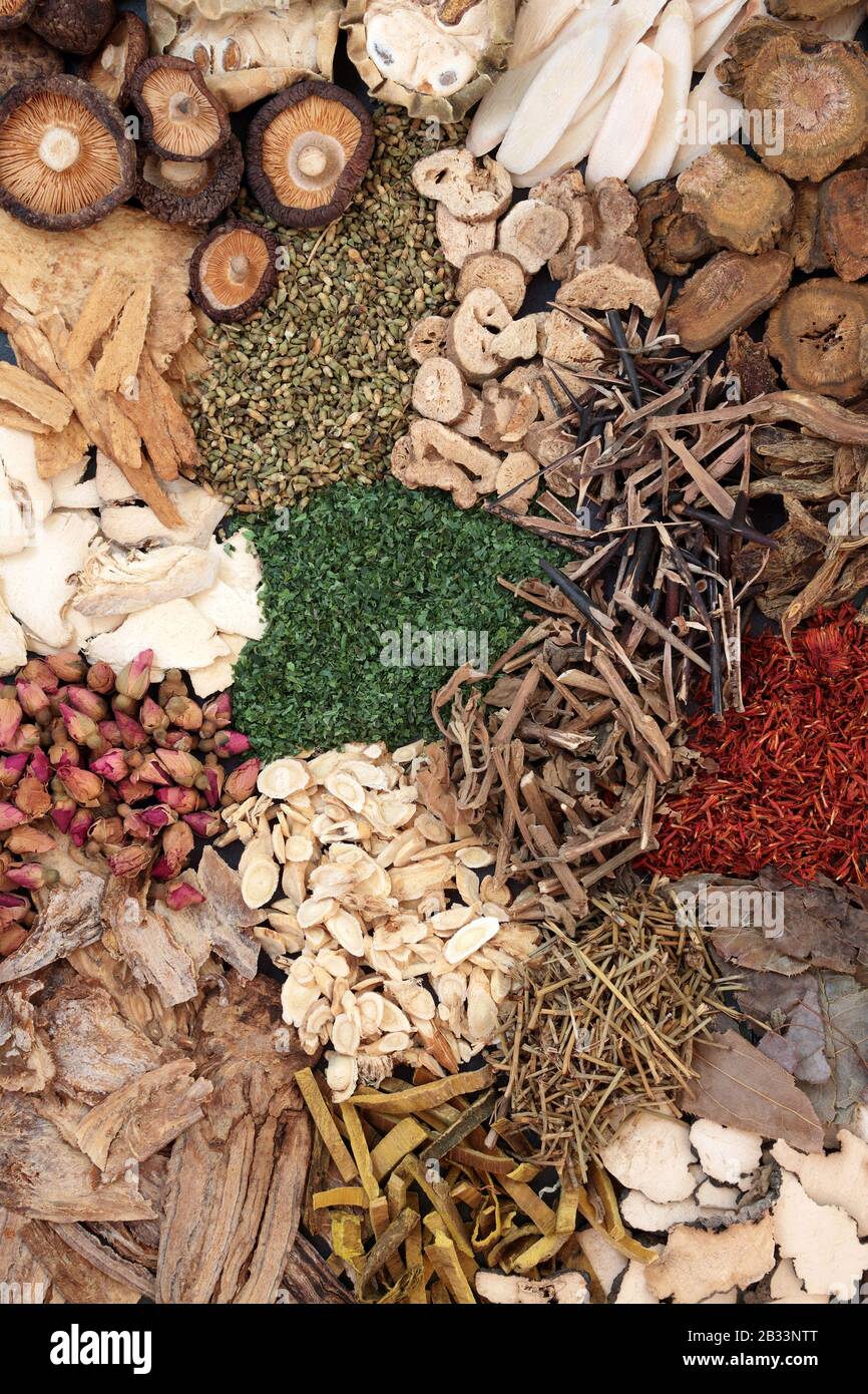 Erbe cinesi usate nella medicina tradizionale antica di erbe che formano uno sfondo. Foto Stock