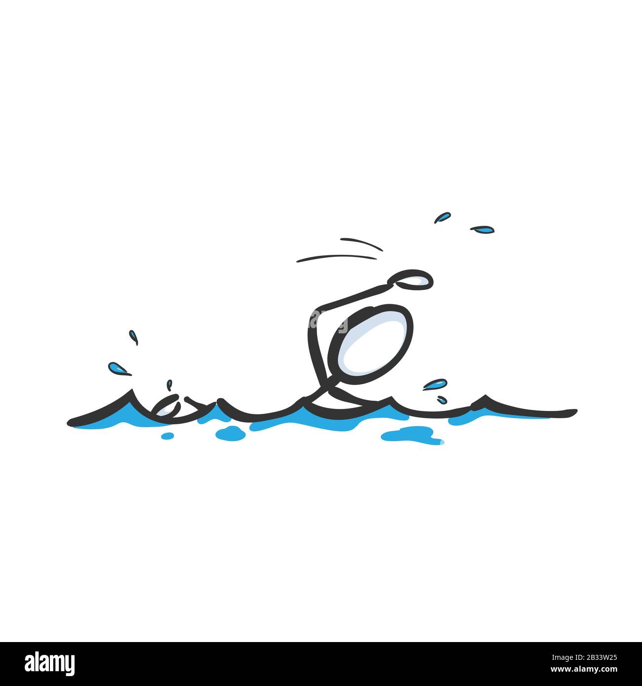 Uomo che nuotano in acqua. Nuota in mare. Disegnato a mano. Cartone animato Stickman. Schizzo barboncino, illustrazione grafica vettoriale Illustrazione Vettoriale