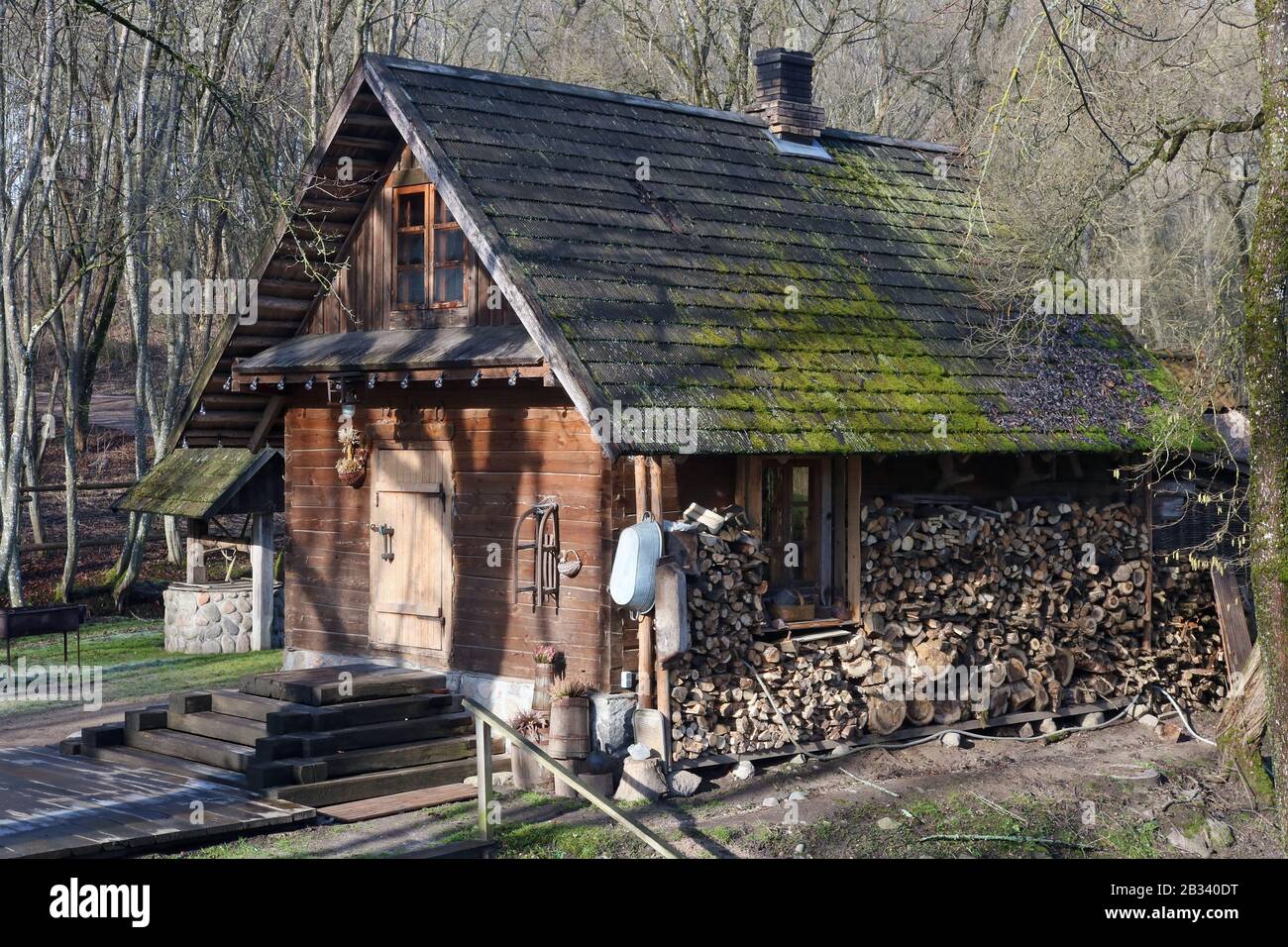 Capannone rurale tradizionale in legno non sme per lo stoccaggio di legna da ardere e attrezzi agricoli nella foresta invernale Foto Stock