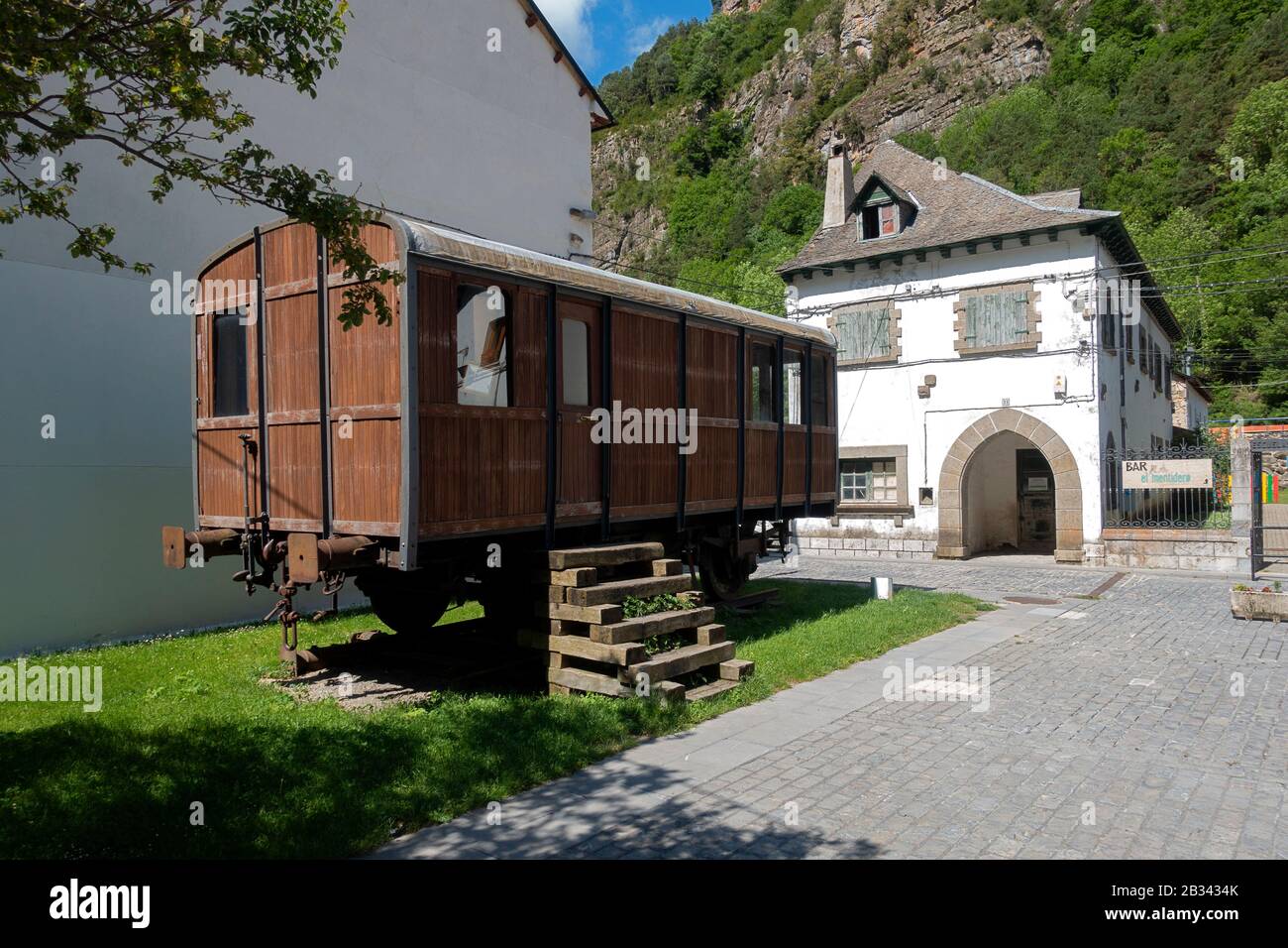 Mostra vagone train.Canfranc.Pyrenees.Huesca.Spain Foto Stock