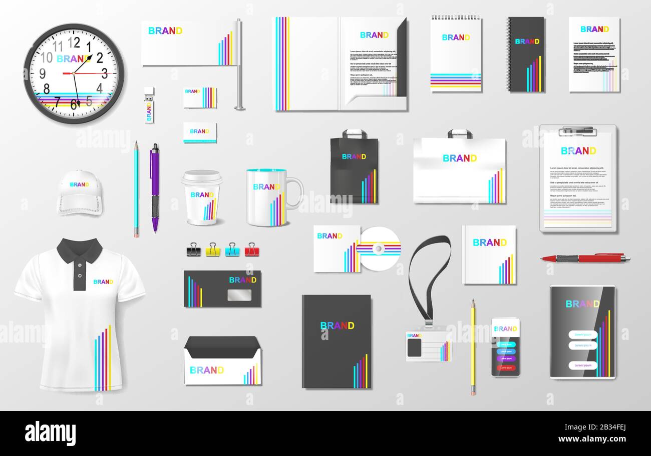 Modello di identità aziendale mockup. Realistico Business Stationery mockup per negozio. Disegno geometrico astratto di colore Fresco su uniforme, confezione Illustrazione Vettoriale