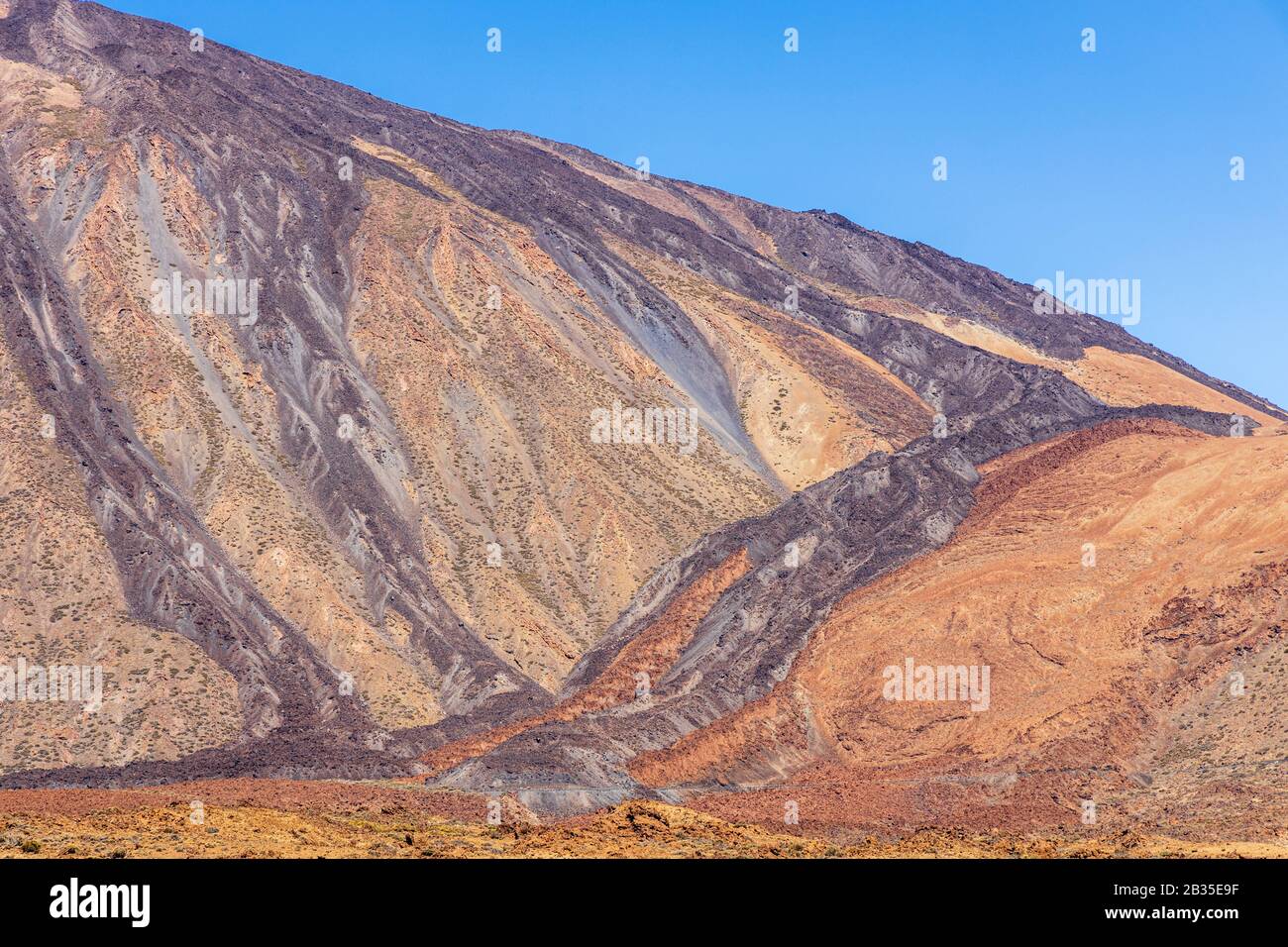 Paesaggio astratto che mostra le pendici del monte Teide e i flussi lavici solidificati che eruttarono e corse lungo il pendio nelle Las Canadas del Teide N. Foto Stock