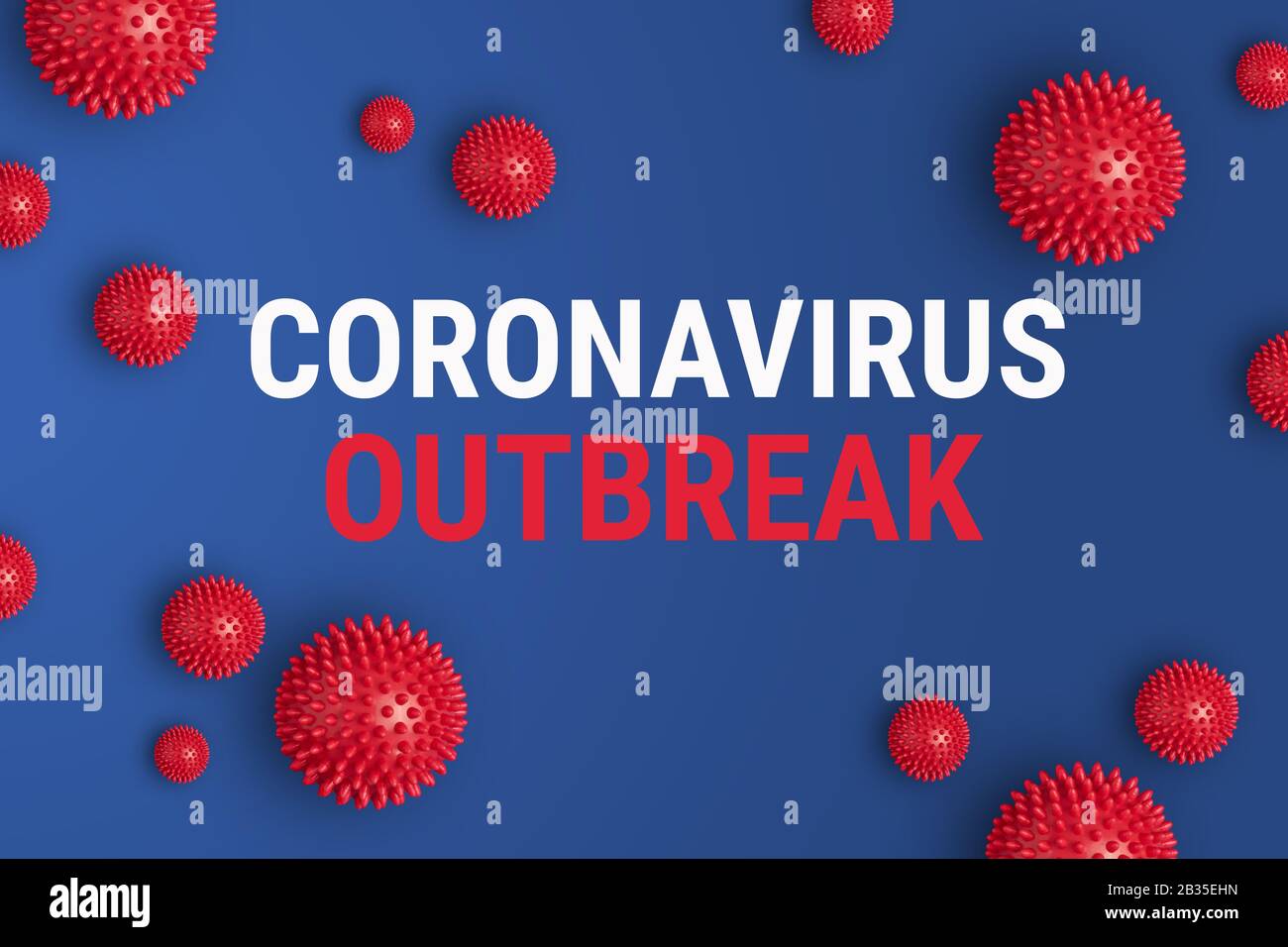 Banner con iscrizione Coronavirus focolaio su sfondo grigio con ceppi di virus astratti rossi. Nuova ondata di malattia di coronavirus Covid-19 a Wuhan, Cina Foto Stock
