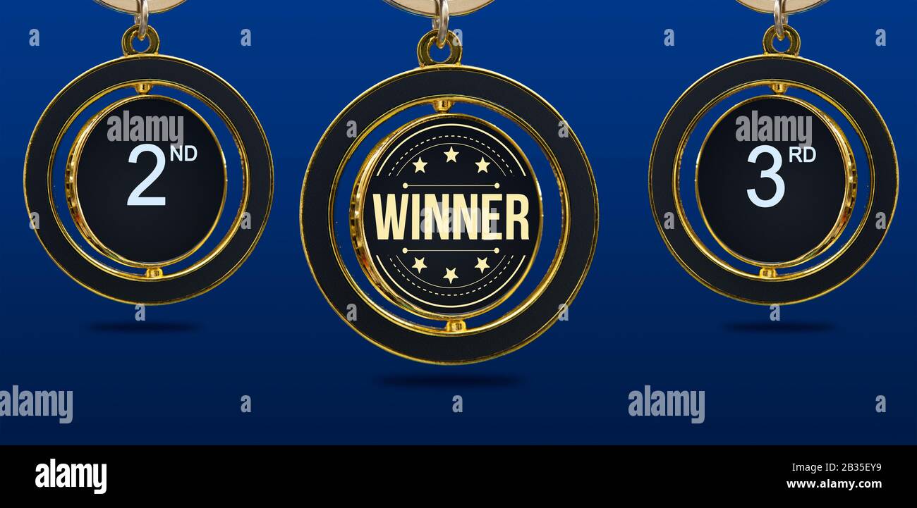 Set di distintivi oro vincitore, 2nd e 3rd su banner blu Foto Stock