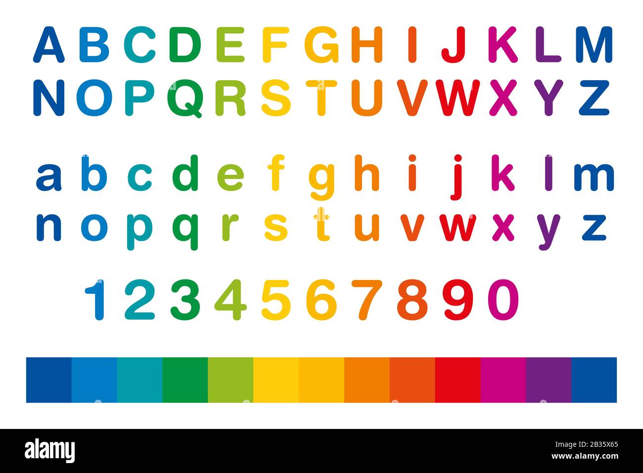 Alfabeto e numeri colorati in una riga. Serie standard di lettere da A a Z  in maiuscolo e in minuscolo, anche i dieci numeri da uno a zero Foto stock  - Alamy