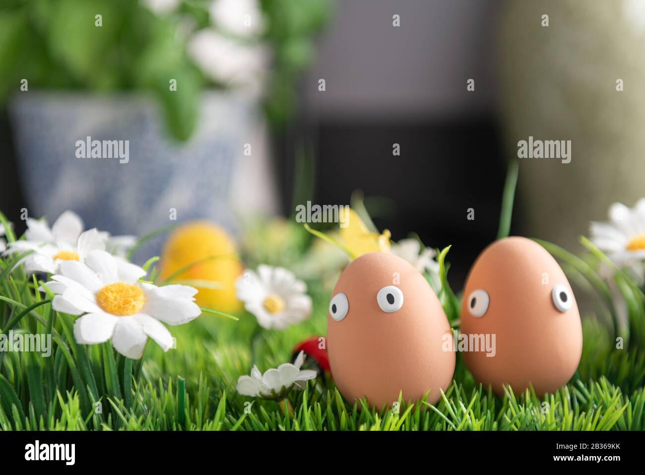 Uova di Pasqua felice in cucina tra l'erba di primavera con fiori, la caccia all'uovo di Pasqua, i personaggi delle uova con volti divertenti, felice concetto di Pasqua, cucina Foto Stock