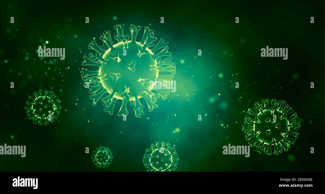 Virus patogeni su sfondo verde brillante. Malattia virale focolaio. rendering 3d. Foto Stock