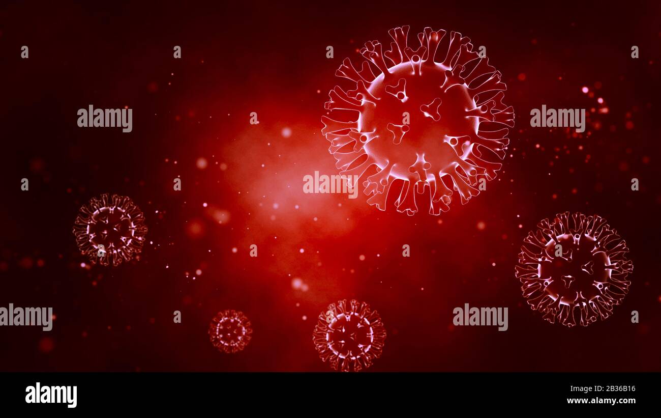 Virus patogeni su sfondo rosso brillante. Malattia virale focolaio. rendering 3d. Foto Stock