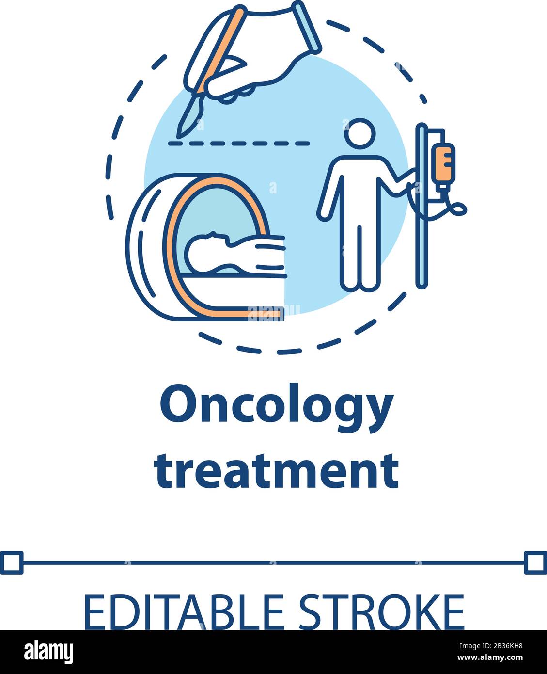 Icona Oncology Treatment Concept. Chemioterapia, trattamento chirurgico e radiologico del cancro. Illustrazione della linea sottile dell'idea di cura del tumore. Vettore isolato Illustrazione Vettoriale