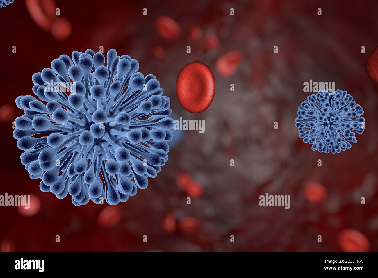3D immagine di un virus sullo sfondo di globuli rossi. 3D rendering di virus e batteri nel sangue infetto Foto Stock