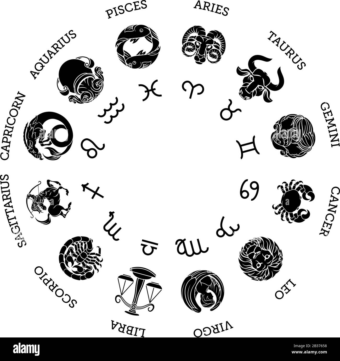 Simboli dei segni astrologici dell'oroscopo zodiacale astrologico Illustrazione Vettoriale