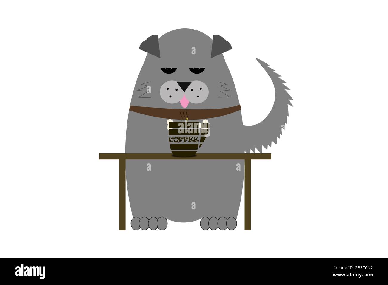 Kawaii illustrazione. Immagine di un grande grigio cupo di Sleepy Dog ​​named Hagu con un collare su una tabella con una tazza di caffè caldo. Foto Stock