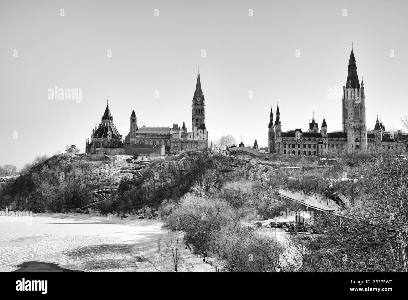 Immagine in bianco e nero di Canadian Parliament Hill a Ottawa Foto Stock