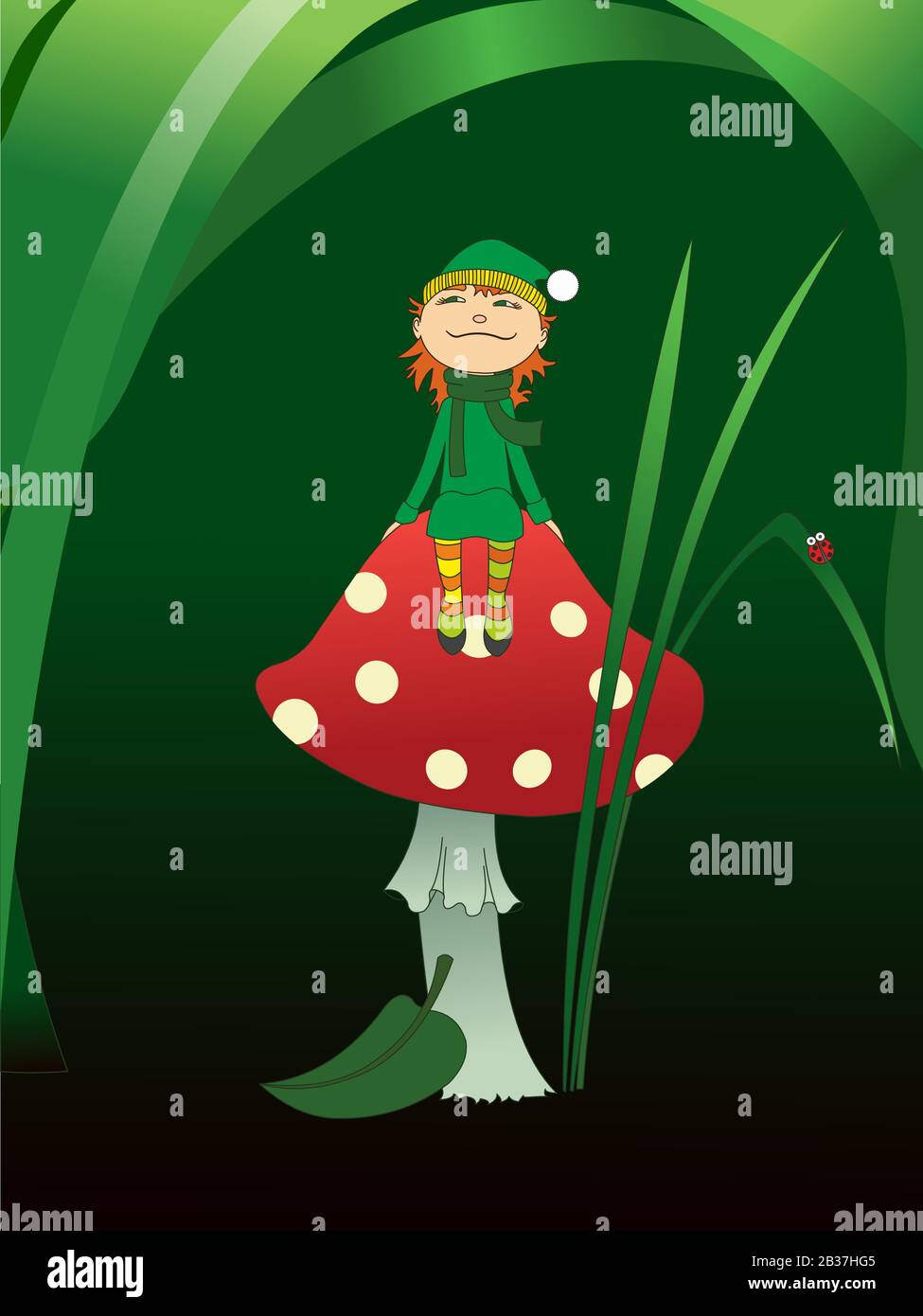 Un elfo con i capelli rossi in una cuffia, vestiti verdi e golf a righe si siede su un fungo contro uno sfondo di foglie verdi. Ladybug su una lama di erba. Illustrazione Vettoriale