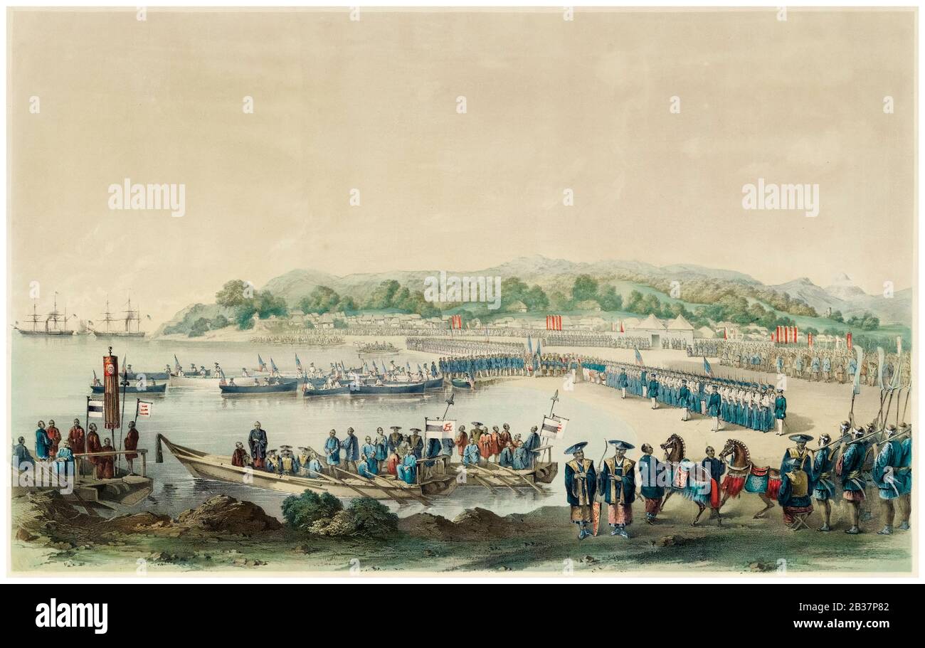 Primo sbarco degli Americani in Giappone a Kurihama, 14 luglio 1853, sotto il Commodore Matthew C Perry, stampa, 1855 Foto Stock