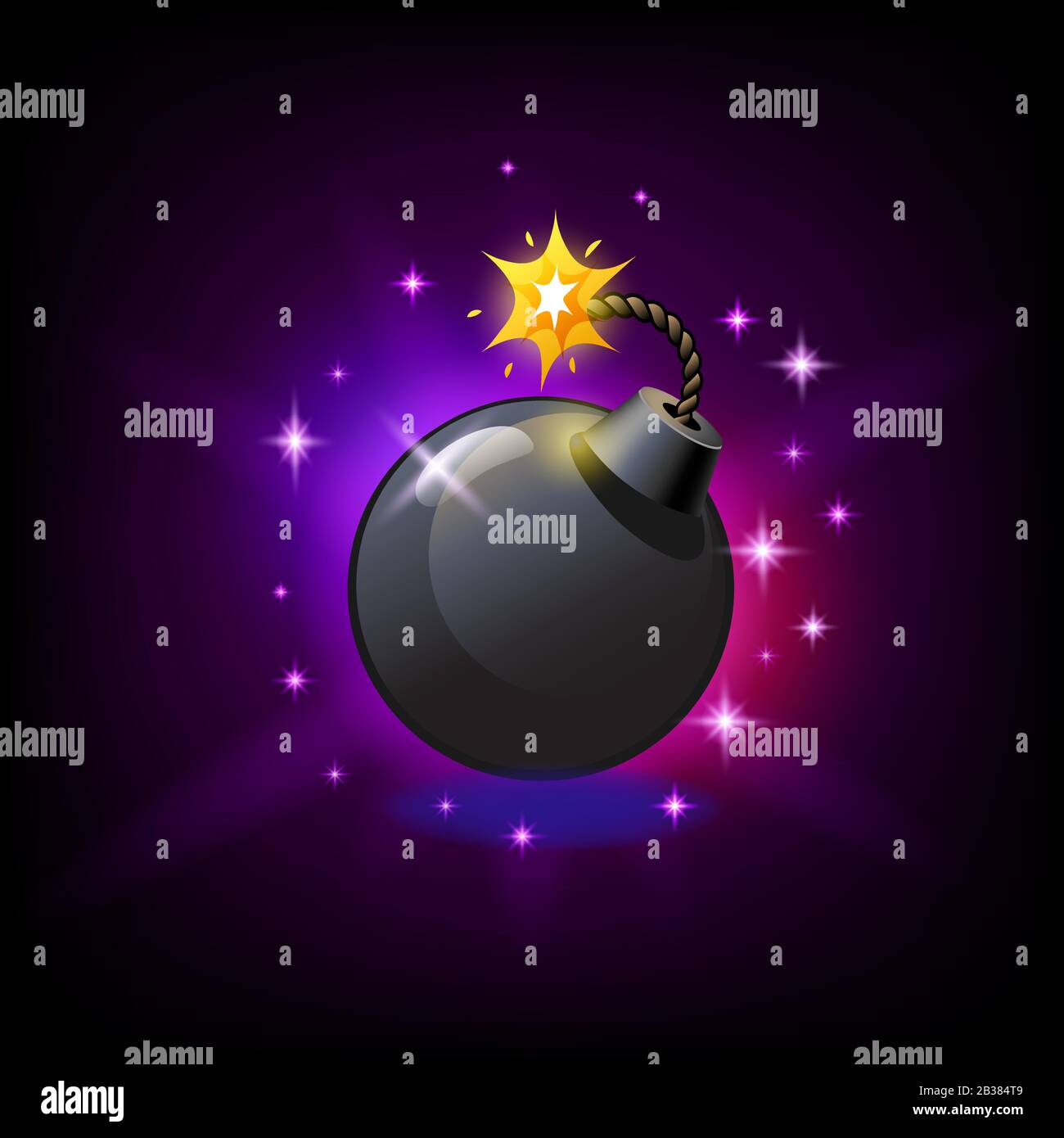 Bomba rotonda nera con icona di stoppino bruciante per slot machine, elemento di design del gioco d'azzardo, illustrazione vettoriale. Illustrazione Vettoriale
