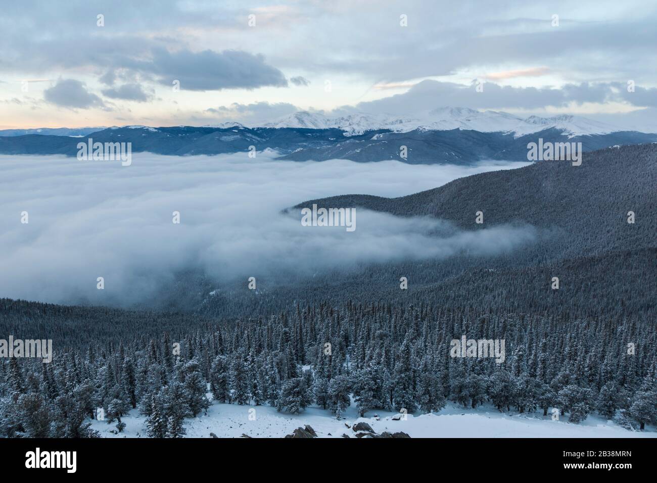 Monte Evans in inverno da Squaw Mountain, Arapaho National Forest, Colorado. Foto Stock