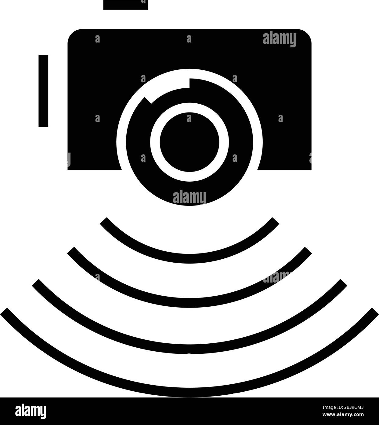 Icona nera del report fotografico, illustrazione concettuale, simbolo piatto vettoriale, simbolo glifo. Illustrazione Vettoriale