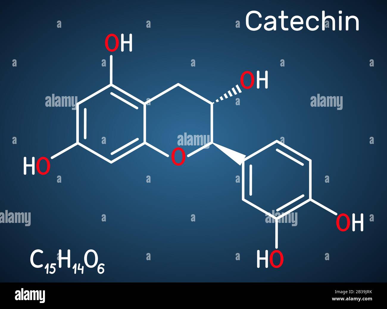 Catechina, flavonoide, molecola C15H14O6. È flavanolo, un tipo di fenolo naturale e antiossidante. Formula chimica strutturale sul backgro blu scuro Illustrazione Vettoriale