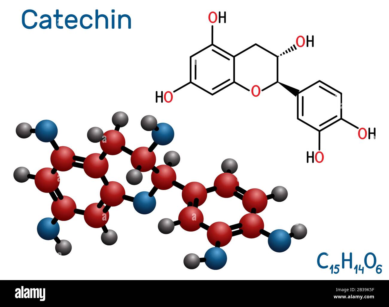 Catechina, flavonoide, molecola C15H14O6. È flavanolo, un tipo di fenolo naturale e antiossidante. Formula chimica scheletrica. Illustrazione Illustrazione Vettoriale