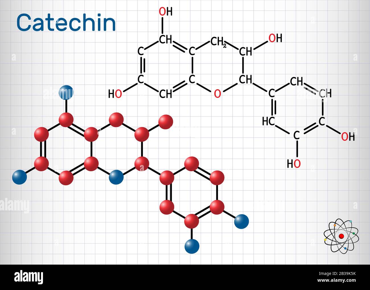 Catechina, Epicatechina, flavonoide, molecola C15H14O6. È flavanolo, un tipo di fenolo naturale e antiossidante. Formula chimica strutturale e molecolare Illustrazione Vettoriale