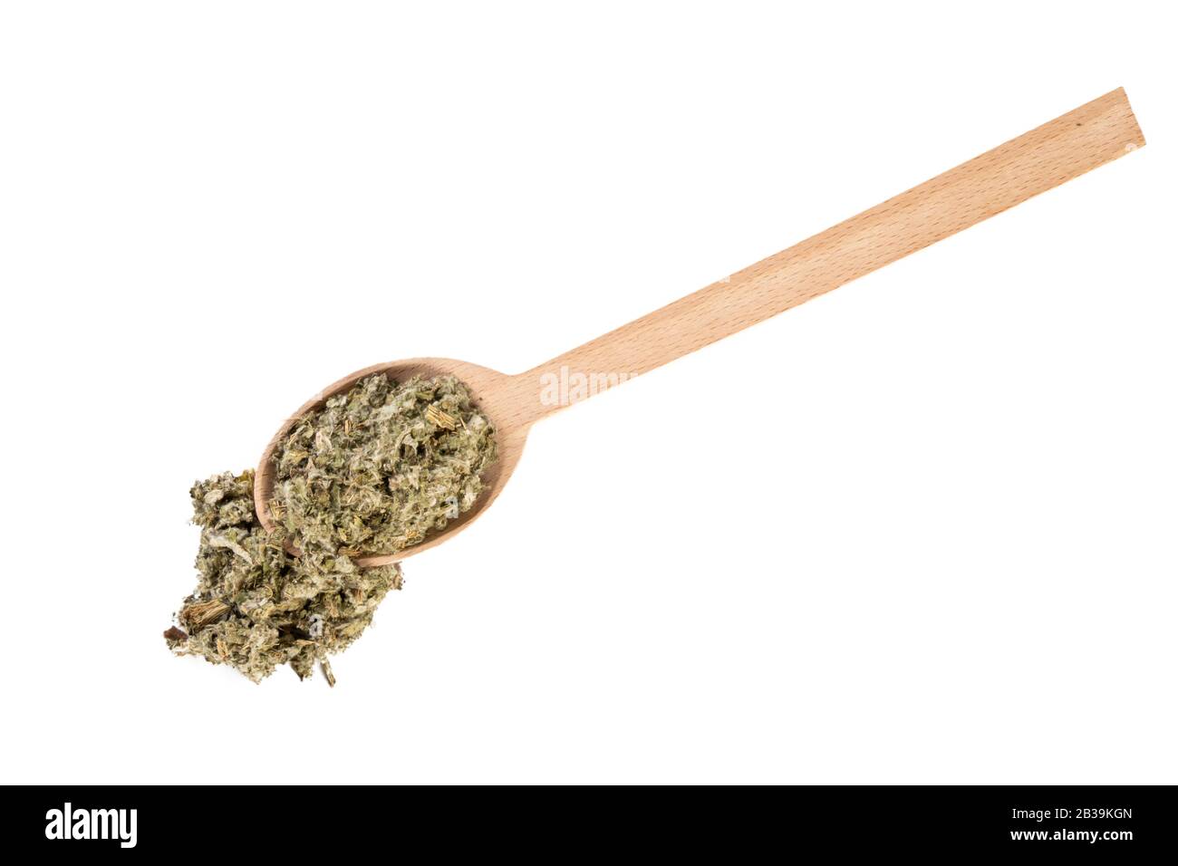 Foglie di carciofo essiccate o in latino Cynarae folium in cucchiaio di legno isolato su sfondo bianco. Erbe curative medicinali. Medicina a base di erbe. Alternativa Foto Stock